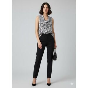 EILEEN TAHARI‎ Sleeveless Top Blouse Leopard Ruffled Pleated Sheer Size M Black